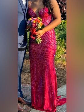 Sparkling Fuchsia Beaded Prom Dress - Women's Formal Gown